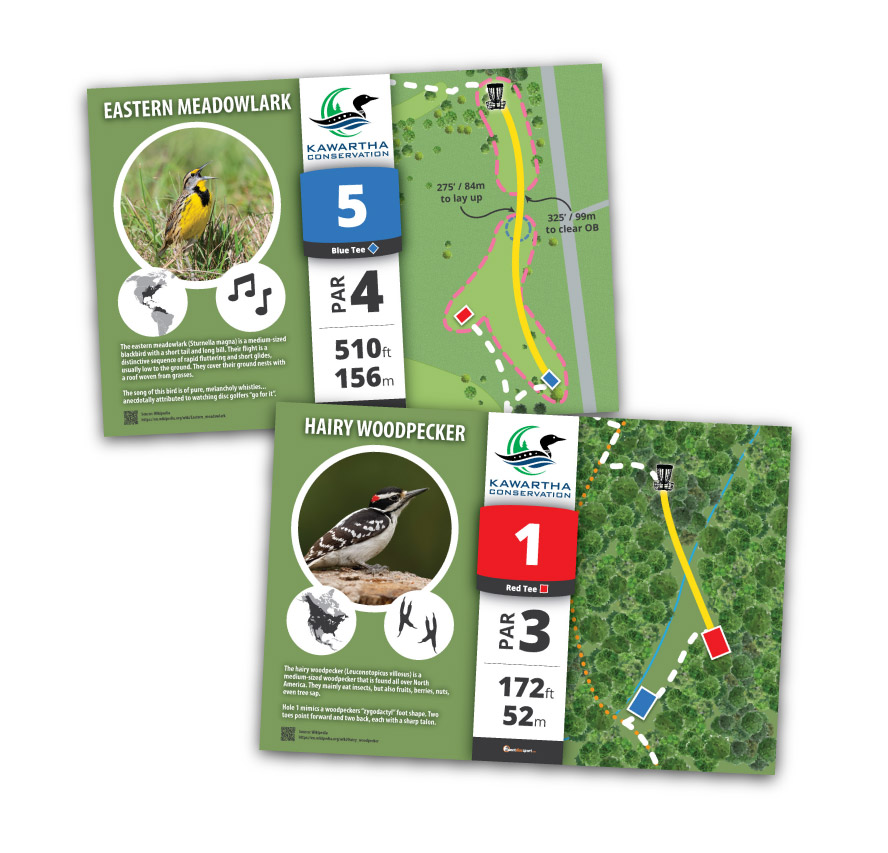 Two large premium tee signs with interpretive material for an experiential disc golf course